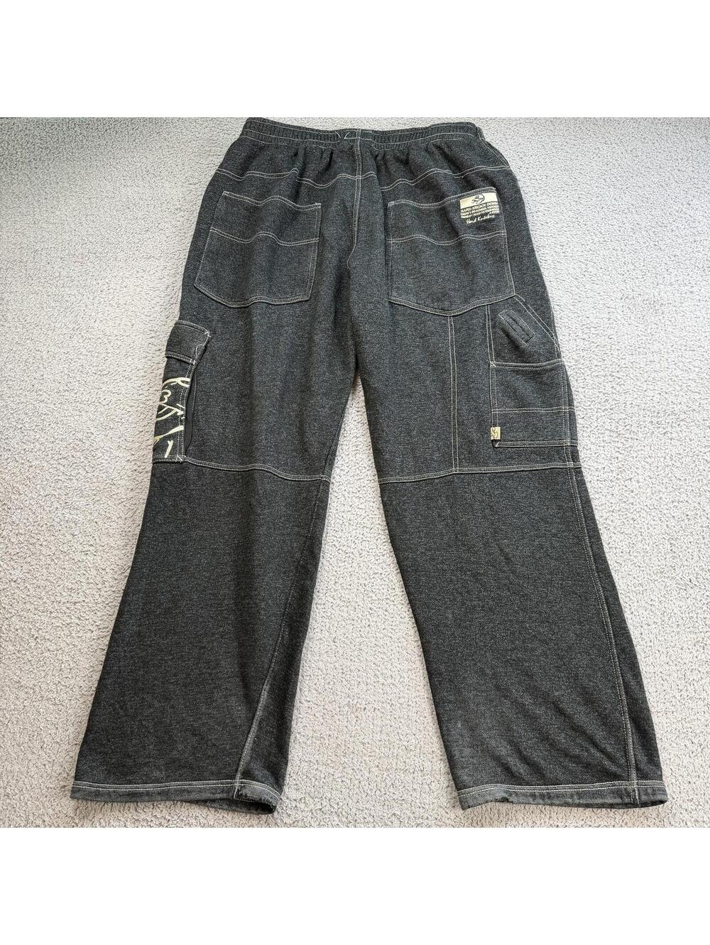 Y2K Hard Knock Denim Embroidered Baggy Cargo Sweatpants Black Wide Leg Carpenter - Picture 2 of 12